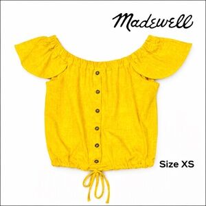 Madewell Texture & Thread Off Shoulder Top Women XS Yellow Button Front Tie Hem